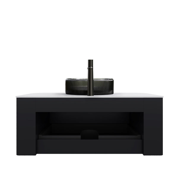 English Elm Dina Floating Bathroom Vanity Sintered Stone Top Glass Basin Striped Plywood Cabinet W2615S00247