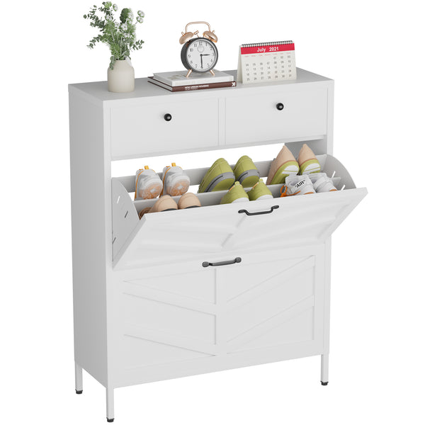 English Elm Shoe Cabinet Slim Steel Entryway Organizer with Flip Compartments and Retro White Finish T2398P413025