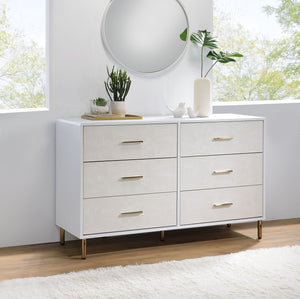English Elm White Champagne Faux Crocodile 6-Drawer Dresser with Gold Legs and Pulls — Elegant White Frame, Luxe Texture, 47" Wide Storage Retreat B062P209045