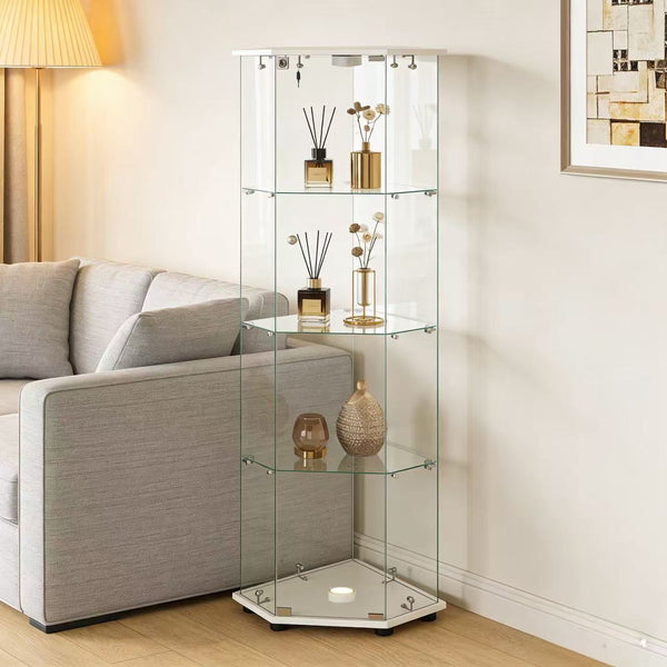 English Elm Tempered Glass Corner Display Cabinet with Rgb Lighting Locking Door and Adjustable Feet White W3155P449086