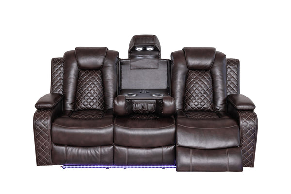 English Elm Violetglow Reclining Sofa with Led Lighting Wireless Charging and Bluetooth Speakers Brown B2730S00033