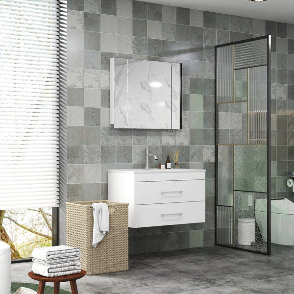 English Elm 32-Inch Wall-Mounted Bathroom Vanity With Soft-Close Drawers & Ceramic Sink For Modern Spaces W3151S00017