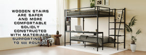 English Elm Black Metal Loft Bed with Built-in Desk Rgb Led Lighting and Charging Station Black W1671S00009