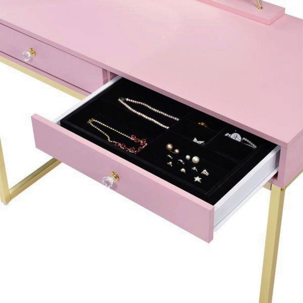 English Elm 2 Drawers Vanity Desk With Mirror & Jewelry Tray - Chic Pink & Gold Design For Elegant Spaces B016P317466