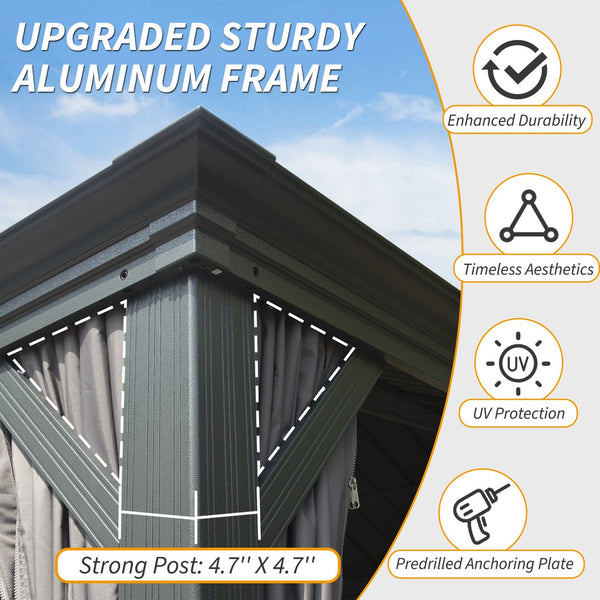 English Elm 10' X 14' Hardtop Gazebo - Durable Aluminum Frame With Steel Roof, Curtains & Netting For Year-Round Use W1859S00161