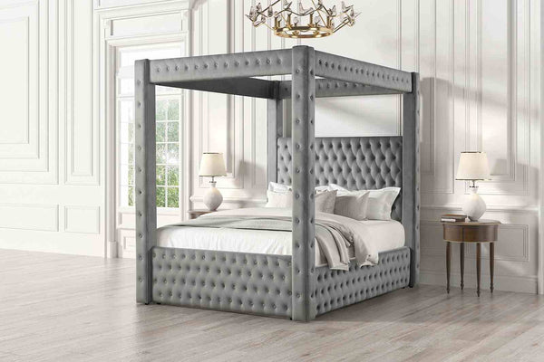 English Elm 1pc Gray Flannelette Four Poster Bed Tufted Upholstered Frame with Usb and Bluetooth B2741S00936