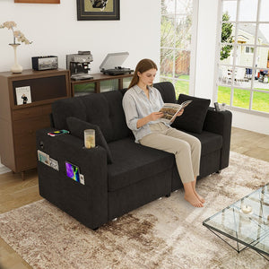 English Elm Sofas for Living Room Chenille Three Seat Couch with Usb Charging Storage and Cup Holder Black W395S00144