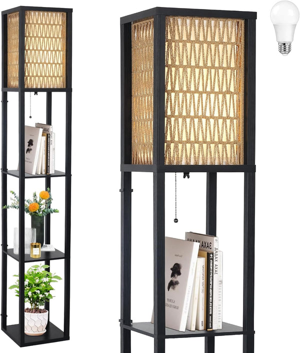 English Elm Floor Lamp with Shelves Brown+Black — Boho Rattan & Fabric Dual Shades, 3 Wooden Shelves, LED Included W2738P400709