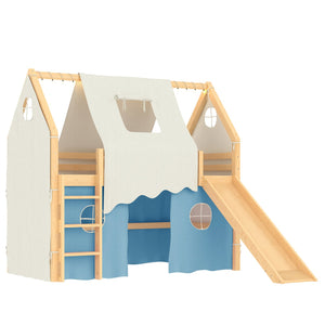 English Elm Twin Pine Loft Bed with House Frame Tent Led Lights Slide and Floor Space Below W1580S00290