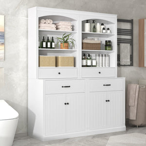 English Elm White Bathroom Storage Cabinet with Zinc Knob Doors, 4 Drawers, 6 Open Shelves & Adjustable Tiers for Organized Space (63"x10.8"x78.7") N725S252486K