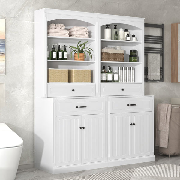 English Elm White Bathroom Storage Cabinet with Zinc Knob Doors, 4 Drawers, 6 Open Shelves & Adjustable Tiers for Organized Space (63"x10.8"x78.7") N725S252486K