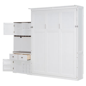English Elm Queen Murphy Bed with Wine Rack Glass Holder Led Lighting and Cabinet White White LP000391AAK