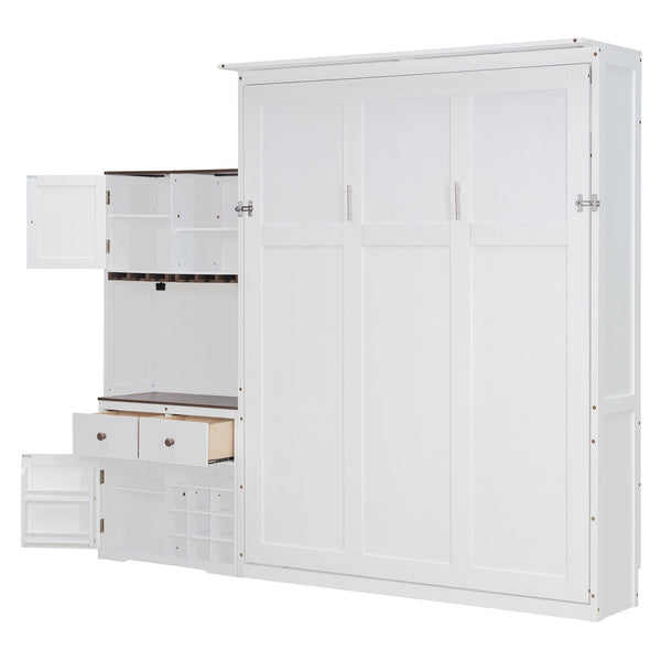 English Elm Queen Murphy Bed with Wine Rack Glass Holder Led Lighting and Cabinet White White LP000391AAK