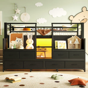 English Elm Twin Low Loft Bed with Shelves Fabric Drawers and Under Bed Study Nook Metal Frame Black W5305S00043
