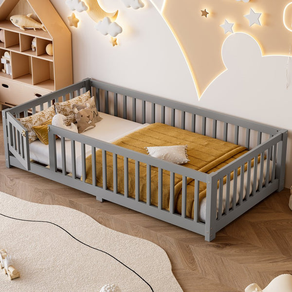English Elm Twin Twin Size Floor Bed with Safety Guardrails and Playful Door for Kids, Pine/Plywood, Low Profile Gray W1580P338948