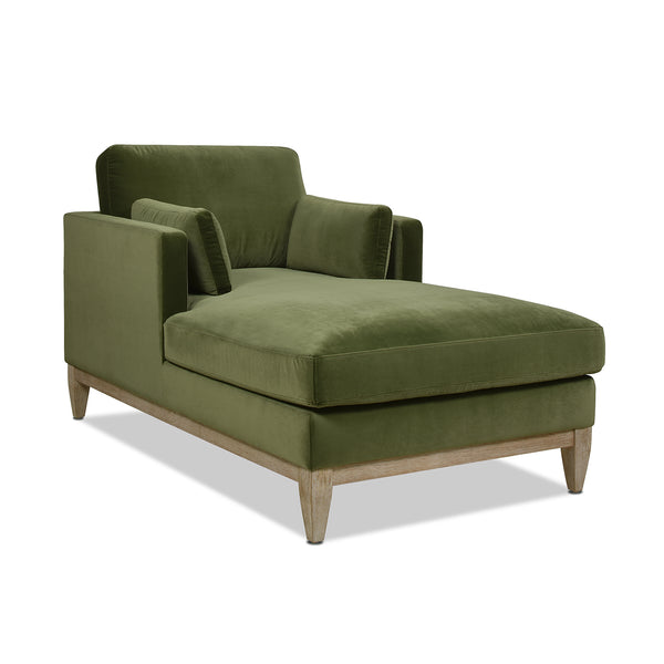 English Elm Jennifer Taylor Home - Knox 65" Modern Farmhouse Chaise Lounge in Olive Green Performance Velvet with Feather-Down Cushions & Birch Frame B2719P238295