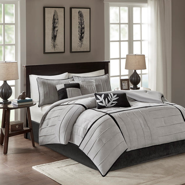 English Elm 7 Piece Dune Faux Suede Comforter Set Cal King - Grey Pintuck Design, Soft Microsuede, Accent Pillows B03596799