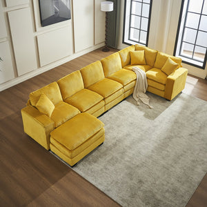 English Elm Modern U Shaped 6-Seat Sectional Sofa with Ottoman and 3 Toss Pillows, Corduroy Modular Comfort and Durable Frame Yellow W2363S00040