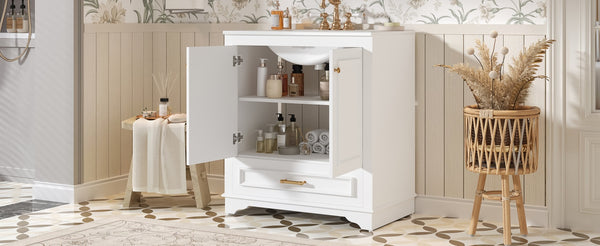 English Elm 30" Elegant Bathroom Vanity with Ceramic Sink, French-Inspired Compact Cabinet with Drawer & Shelf White N710P317676K