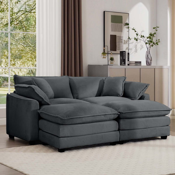 English Elm Corduroy Two-Seater Sofa With Ottoman - Stylish Grey Sofa For Small Spaces, Plush Comfort & Versatility W714S00831