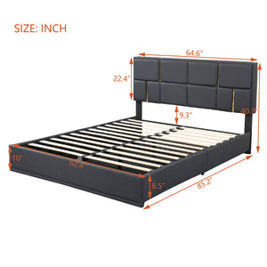 English Elm 2-Pieces Queen Upholstered Platform Bed with Hydraulic Lift and Spacious Storage Ottoman, Elegant Gold Trim Black 50 L x 16 W x 13 H N733S207778B