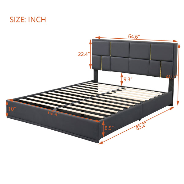English Elm 2-Pieces Queen Upholstered Platform Bed with Hydraulic Lift and Spacious Storage Ottoman, Elegant Gold Trim Black 50 L x 16 W x 13 H N733S207778B