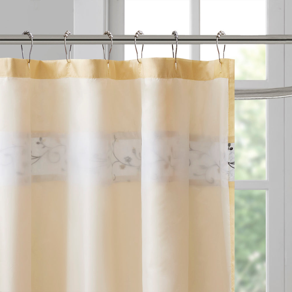 JLA Home Madison Park - Faux silk embroidered floral shower curtain in soft yellow — 72x72, luxe sheen, machine washable, durable elegance MP70-4863