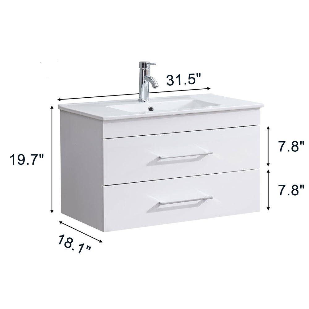 English Elm 32-Inch Wall-Mounted Bathroom Vanity With Soft-Close Drawers & Ceramic Sink For Modern Spaces W3151S00017