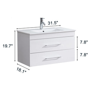 English Elm 32-Inch Wall-Mounted Bathroom Vanity With Soft-Close Drawers & Ceramic Sink For Modern Spaces W3151S00017