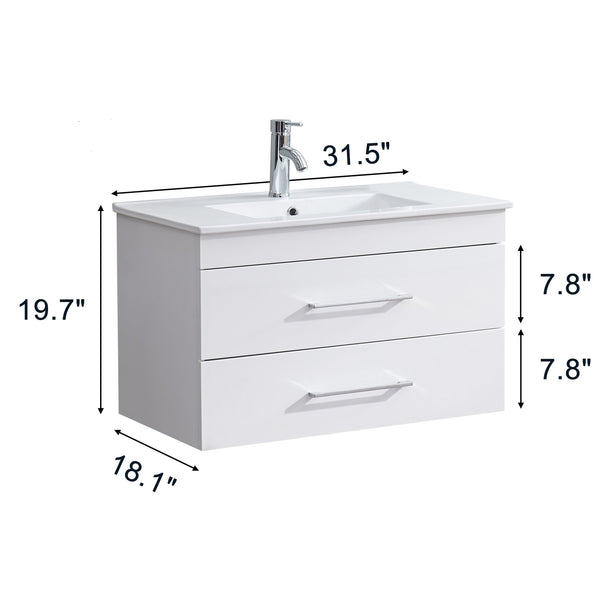 English Elm 32-Inch Wall-Mounted Bathroom Vanity With Soft-Close Drawers & Ceramic Sink For Modern Spaces W3151S00017