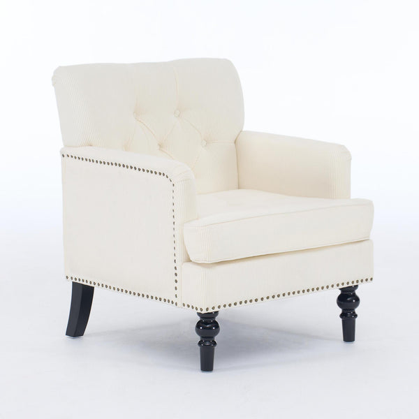 English Elm Tufted Button Corduroy Accent Chair Mid Century Studded Armchair for Living Room Beige W3523P387526