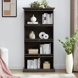 English Elm Glass 4-Tier Display Cabinet with Tempered Glass Doors, Flip-Up Access, Aluminum Frame, Elegant Chic Storage for Collectibles and Books Brown W2275P206601
