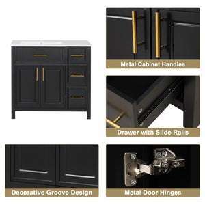 English Elm 36" Matte Freestanding Bathroom Vanity Solid Wood Cabinet Ceramic Sink Three Drawers Black N725P364205B
