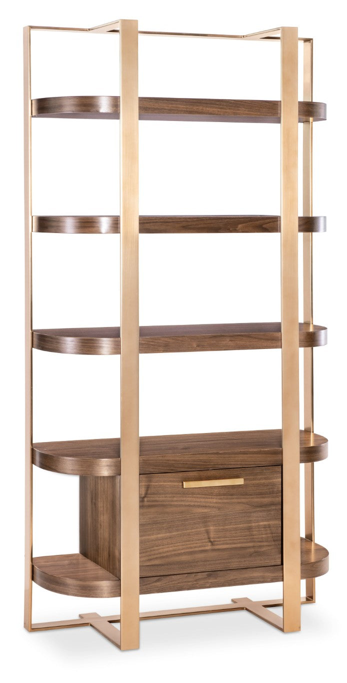 Hooker Furniture Eleana Sculptural Etagere In Light Caramel Walnut With Sunlit Bronze Frame, Locking File Drawer 7252-50003-85