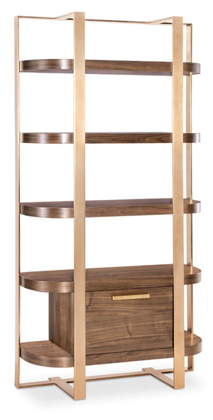 Hooker Furniture Eleana Sculptural Etagere In Light Caramel Walnut With Sunlit Bronze Frame, Locking File Drawer 7252-50003-85