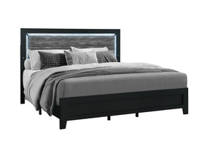 English Elm CARLOS Modern Black King Bed with Upholstered Headboard, Solid Wood+MDF Frame and LED Accent Lighting B201P256664