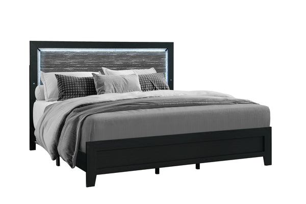 English Elm CARLOS Modern Black King Bed with Upholstered Headboard, Solid Wood+MDF Frame and LED Accent Lighting B201P256664