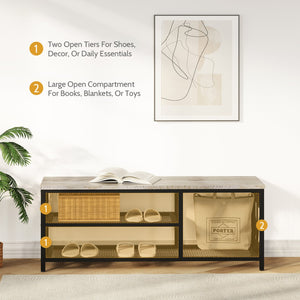 English Elm Vividwood Industrial Entryway Bench Rustic Wood Top Metal Frame Scrollwork Shoe Organizer Gray T5618P505965