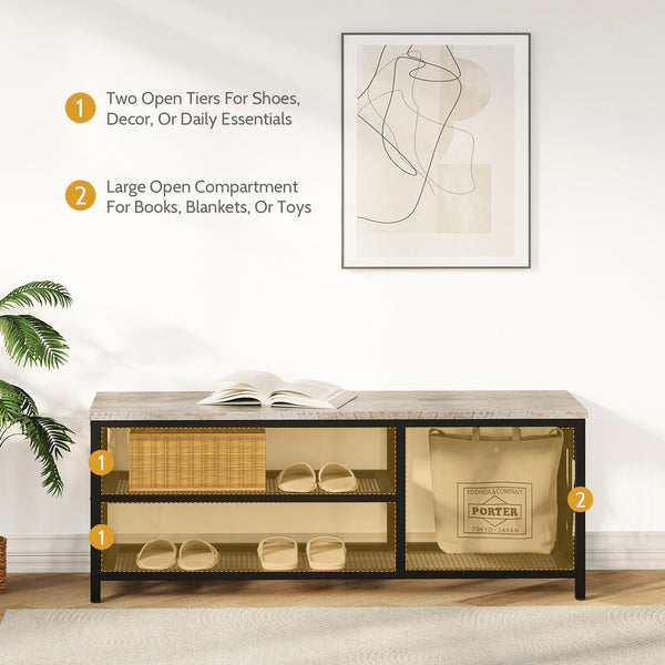 English Elm Vividwood Industrial Entryway Bench Rustic Wood Top Metal Frame Scrollwork Shoe Organizer Gray T5618P505965
