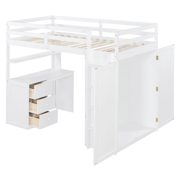 English Elm Twin Loft Bed with Built-in Desk Wardrobe and Drawers Solid Pine Space Saver White LT000301AAK-2