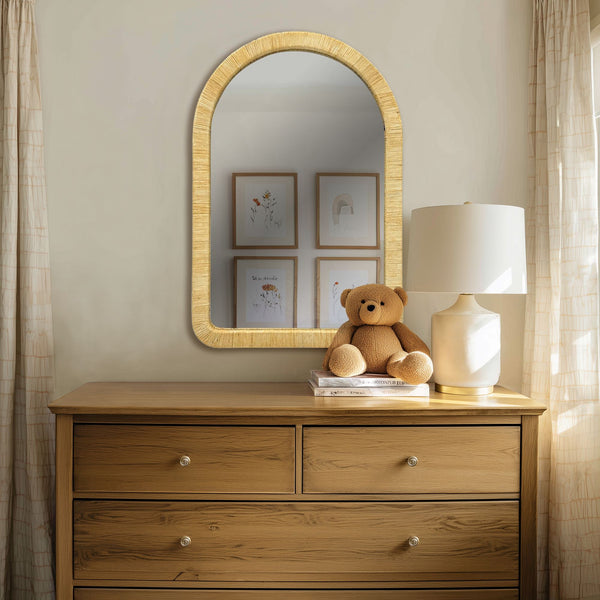 English Elm 39.00x26.00x1.20" Handwoven Rattan Arched Wall Mirror Bohemian Organic Accent B035P437551
