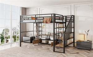 English Elm Full Metal Loft Bed Full Size with Staircase, Built-In Desk & Shelves, Black, Sturdy Space-Saving Setup GX001132AAB