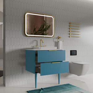 English Elm Elena 30" Striped Oak Bathroom Vanity with Ceramic Sink, Freestanding or Wall-Mount, Soft-Close Drawers Blue W1865S00080