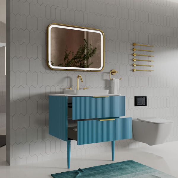English Elm Elena 30" Striped Oak Bathroom Vanity with Ceramic Sink, Freestanding or Wall-Mount, Soft-Close Drawers Blue W1865S00080