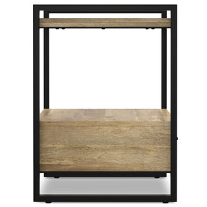 English Elm Riverside Handcrafted Mango Wood Bedside Table with Black Metal Frame, Drawer & Open Storage — Natural Finish B136P203433