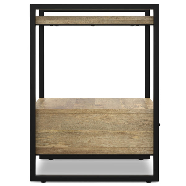 English Elm Riverside Handcrafted Mango Wood Bedside Table with Black Metal Frame, Drawer & Open Storage — Natural Finish B136P203433