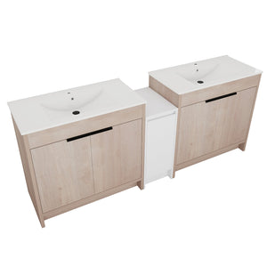 English Elm 84 Inch Freestanding Bathroom Vanity with Integrated Resin Sink, Soft-Close Doors, Shelves & Extra Storage Space Glossy White,Plain Light Oak W999S00320