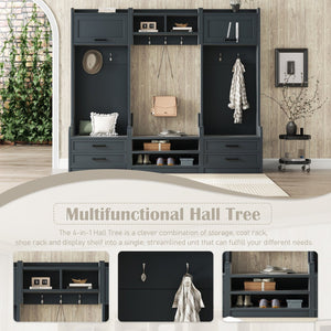English Elm 4-in-1 Hall Tree with Bench, 7 Hooks, 2 Cabinets & 4 Drawers for Entryway Storage and Seating Antique Blue W1580S00091