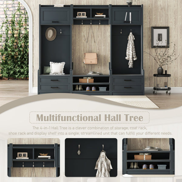 English Elm 4-in-1 Modular Entryway Hall Tree with Seven Hooks Drawers and Antique Blue Bench W1580S00491