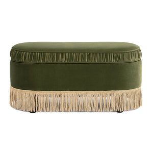 English Elm Jennifer Taylor Home - Serena 38" Oval Storage Bench Ottoman with Velvet Ruched Trim and Fringe Tassels, Spacious Seat Olive Green B2719P238474